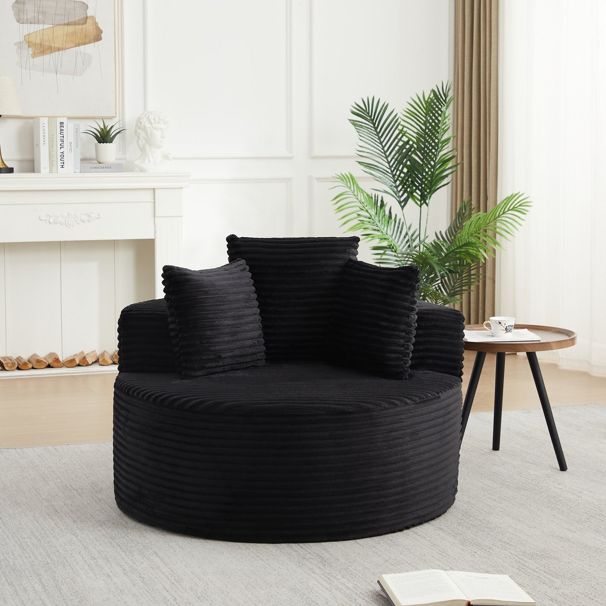 MODFU Fauteuil Rond Cord Zwart met 3 Sierkussens - Diameter: 110 cm
