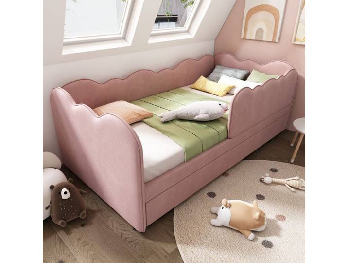 Lit enfant - 90x190cm - Lit gigogne - Velours - Rose