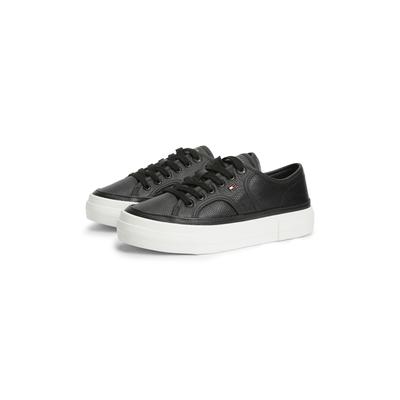 Plateausneaker TOMMY HILFIGER "PLATFORM VULC SNEAKER PIPING LTR", Damen, Gr. 38, schwarz, Leder, Schuhe Plateausneaker, Freizeitschuh, Halbschuh, Schnürschuh mit seitlichem Flaggen-Element