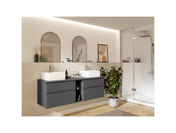 Meuble de salle de bain suspendu avec double vasque - Gris - 150 cm - MAGDALENA II