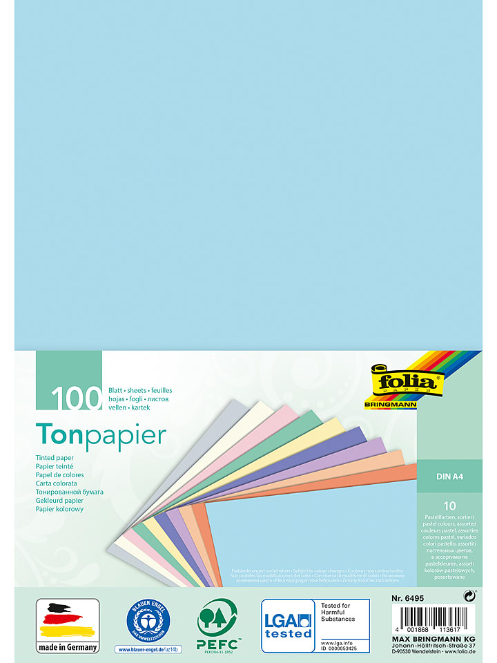 folia PAPER Tonpapier "Pastell" in Bunt - 100 Blatt - DIN A4 - onesize