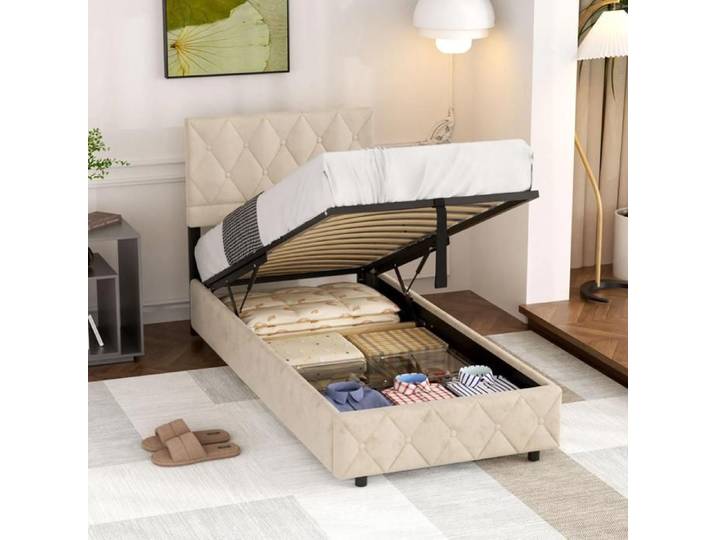 MEUBLIV Lit coffre capitonné 90x190 cm lit enfant avec cadre à lattes et tête de lit boutonnée velours beige sans matelas