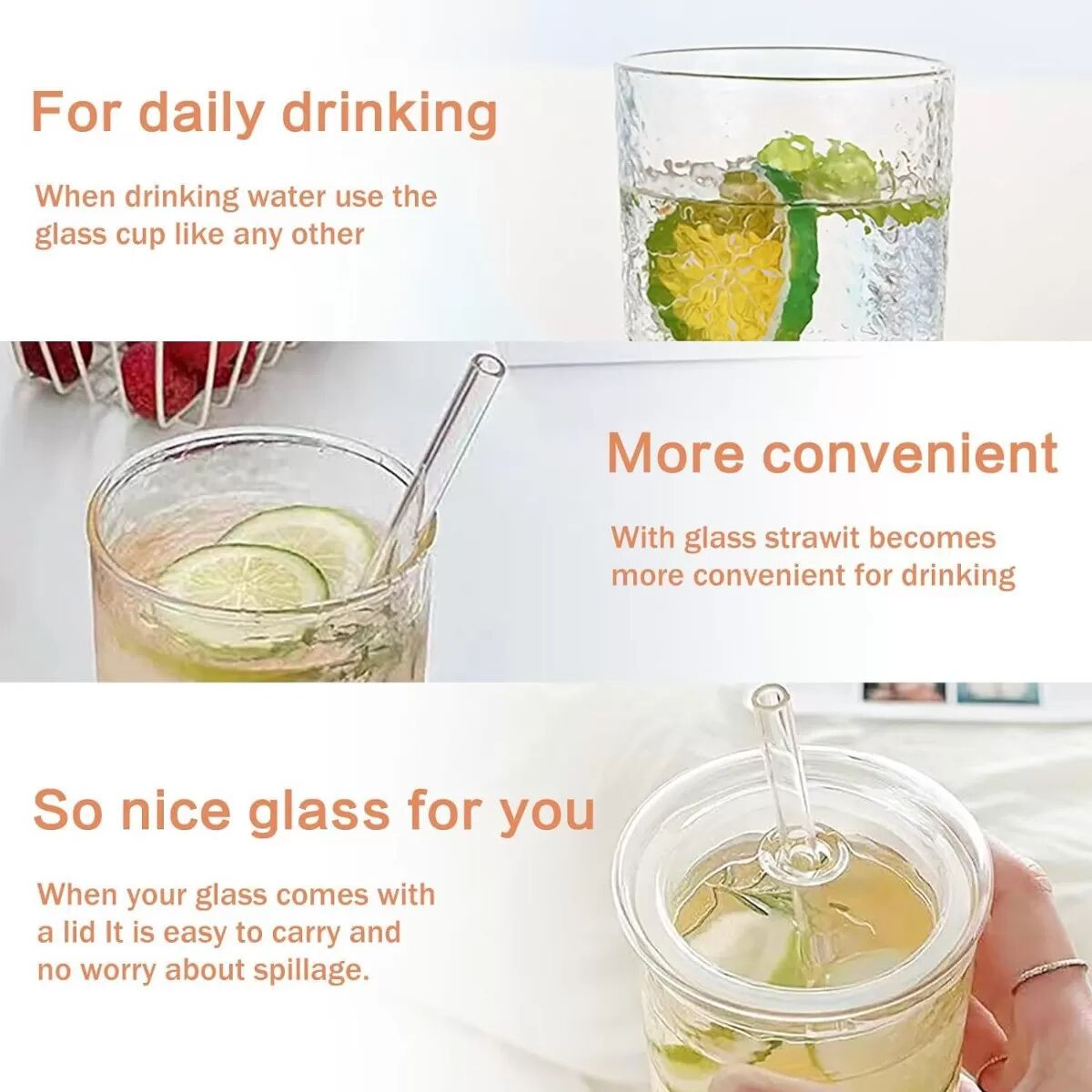 INF 650 ml hitzebeständiger Glasbecher mit Streifenmuster und Strohhalm – ideal für Reisen mit dem Auto und für Kaffee und