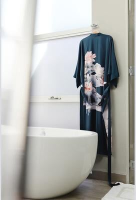 KIM + ONO Lotus Plus Size Washable Silk Kimono Robe - Long   KIM+ONO - night shadow (final sale) / plus size