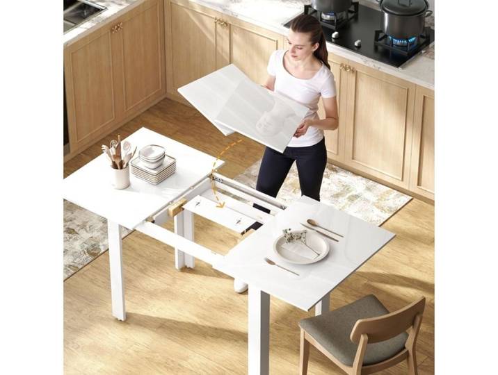 Table Extensible MDF Blanc Brillant Table Cuisine FloraGrace Pour Cuisine Mecanisme Papillon 120-160x80x78cm