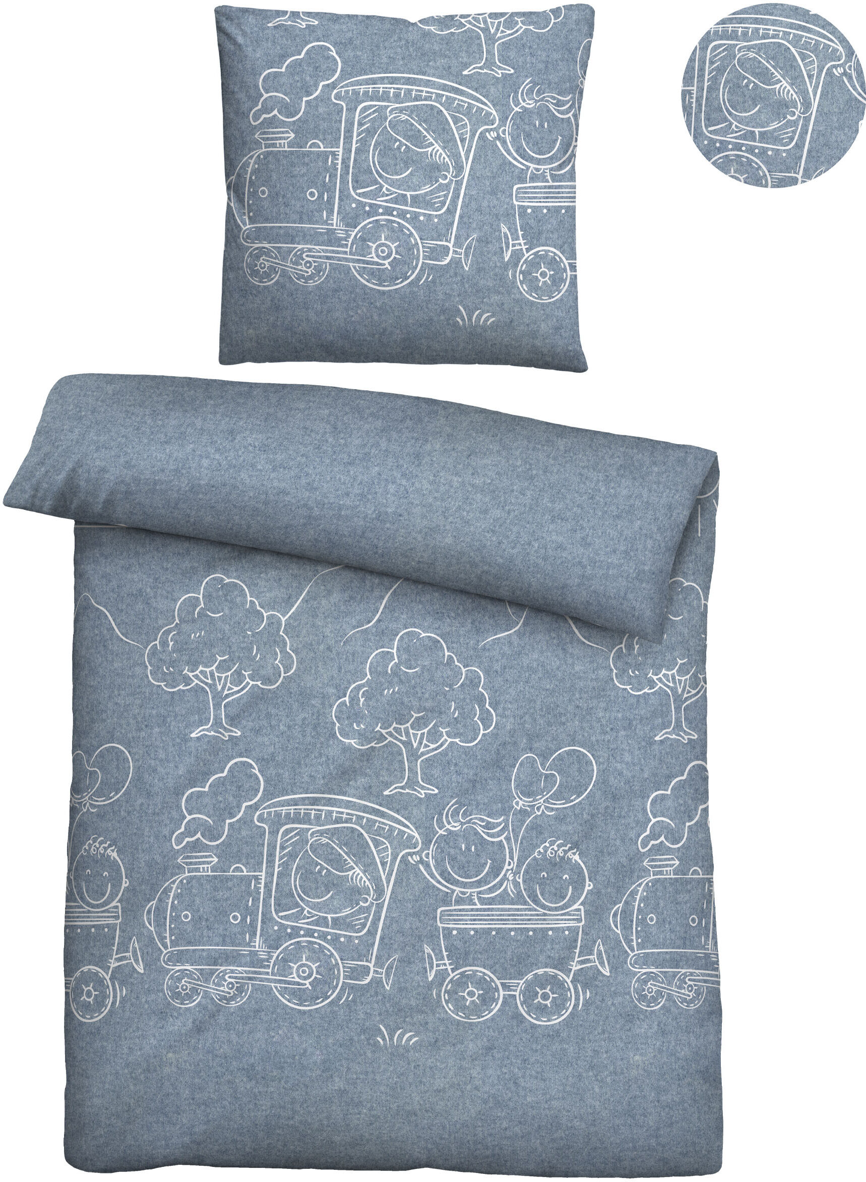 Kinderbettwäsche BIBERNA "0840521 Eisenbahn, Zug", blau, B/L: 135cm x 200cm, 1 Stk., 1 Stk., Flanell, B/L: 80cm x 80cm, 2 Stk., Flanell, Obermaterial: 100% Baumwolle, Bettwäsche, kuschelig warm, samtweich, Melange, 100% Baumwolle, made in Germany
