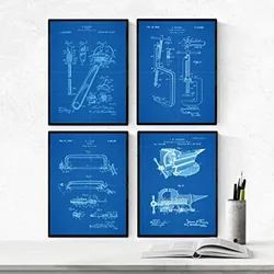 POSTER Set mit 4 BLAU Patenten Werkzeuge 2 A4 Rahmenlos