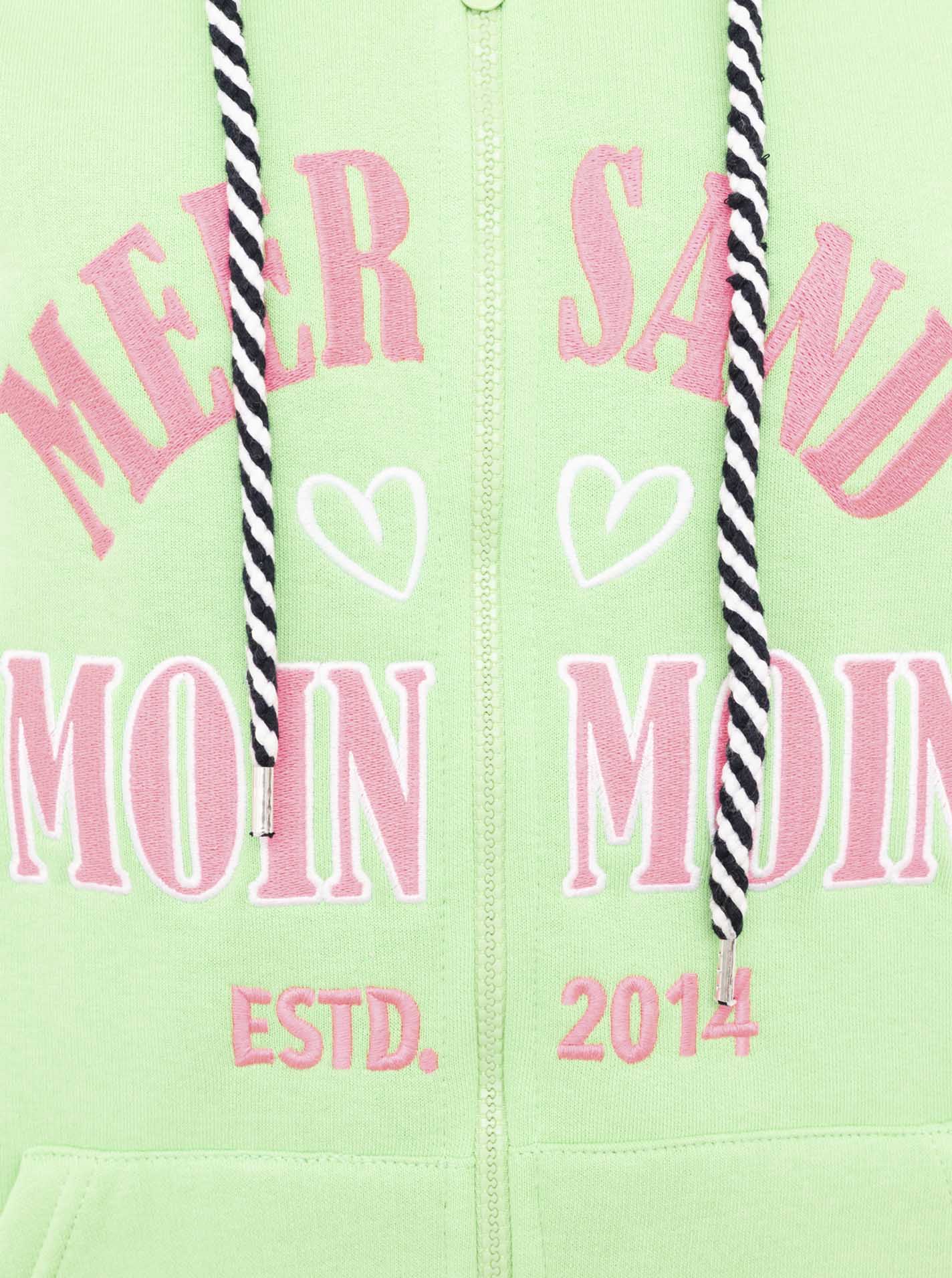 Sweatjacke ZWILLINGSHERZ "Moin Moin", Damen, Gr. L/XL, grün (neongrün), angeraute Sweatware, Obermaterial: 50% Baumwolle, 50% Polyester, hüftbedeckend, ohne Ausschnitt, angesetztes Bündchen, Sweatjacken Sweatjacke, Kapuze, Langarm, Reissverschluss, modisc