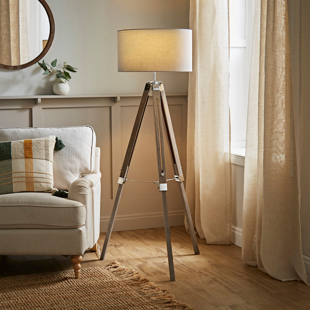 17 Stories Azeline 143cm Light Wood/Chrome Tripod Floor Lamp Cool Grey 143cm H X 72cm W X 72cm D