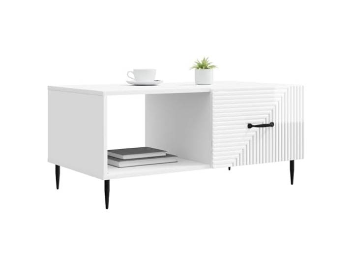KTHLBRH Couchtisch weiß glänzend 90 x 50 x 40 cm Technisches Holz, Metallbeine, 2 Fächer, 90-Grad-Tür, Industriestil