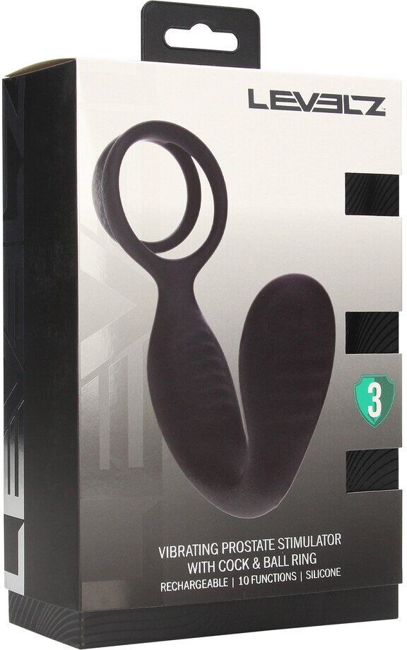Levelz Stimulateur prostatique en silicone vibrant avec anneau pour pénis et testicules - Noir