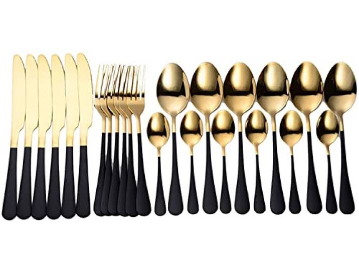 OVLIIYWZY Bestecksets Edelstahlgeschirr Goldbesteck Modernes Gabelmesserset Schwarz Goldenes Küchenbesteck 24-teiliges Tafelservice Geschirr Besteckset