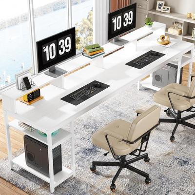 Bluebell Two Person Desk Long Computer Desk with Monitor Stand and Storage Shelves