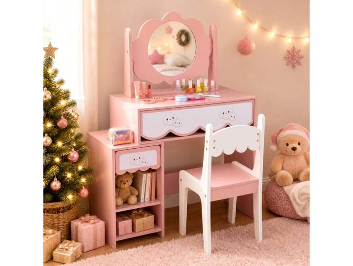 Coiffeuse Enfant Fille-COSTWAY-avec Tabouret et Miroir Pivotant à 360° Tiroirs & Rangement Design Fleur Table Maquillage Rose