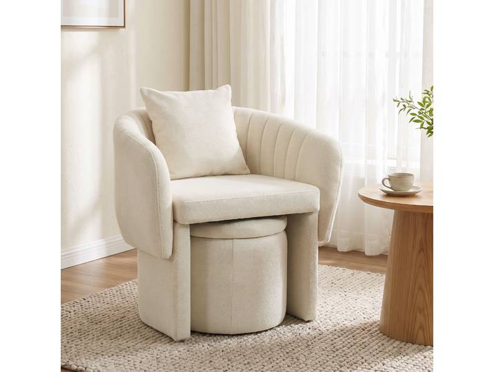 HOMCOM Fauteuil Lounge Nordique Beige avec Pouf Chenille