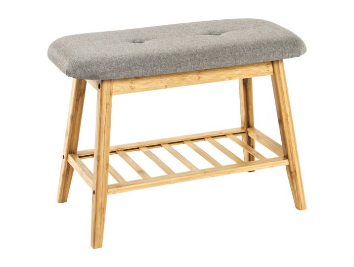 Schuhbank, Grau, Naturfarben, Holz, Textil, Bambus, Füllung: Polyester, 60x44x30 cm, Abstellfläche, Garderobe, Schuhaufbewahrung, Schuhregale