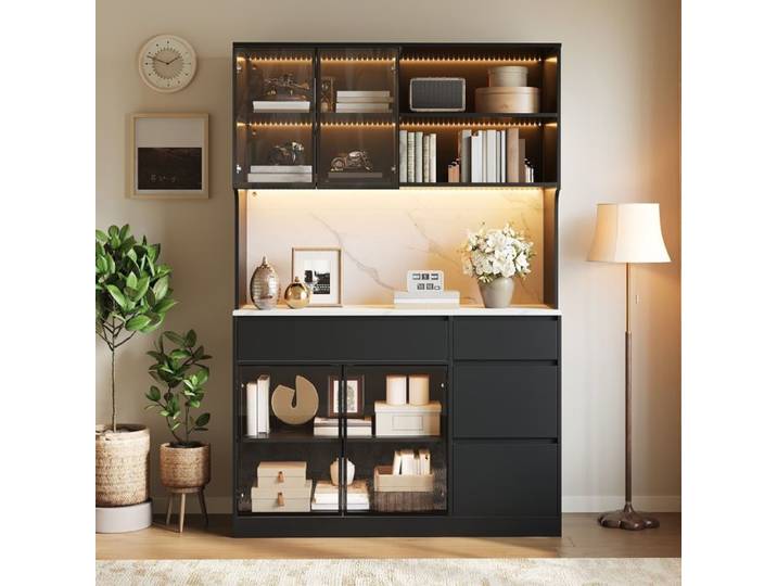 Buffet Haut avec Rangements pour la Vaisselle Meuble Vitrine Noir et Blanc avec Éclairage LED MDF Cuisine et Salon 120x40x180cm
