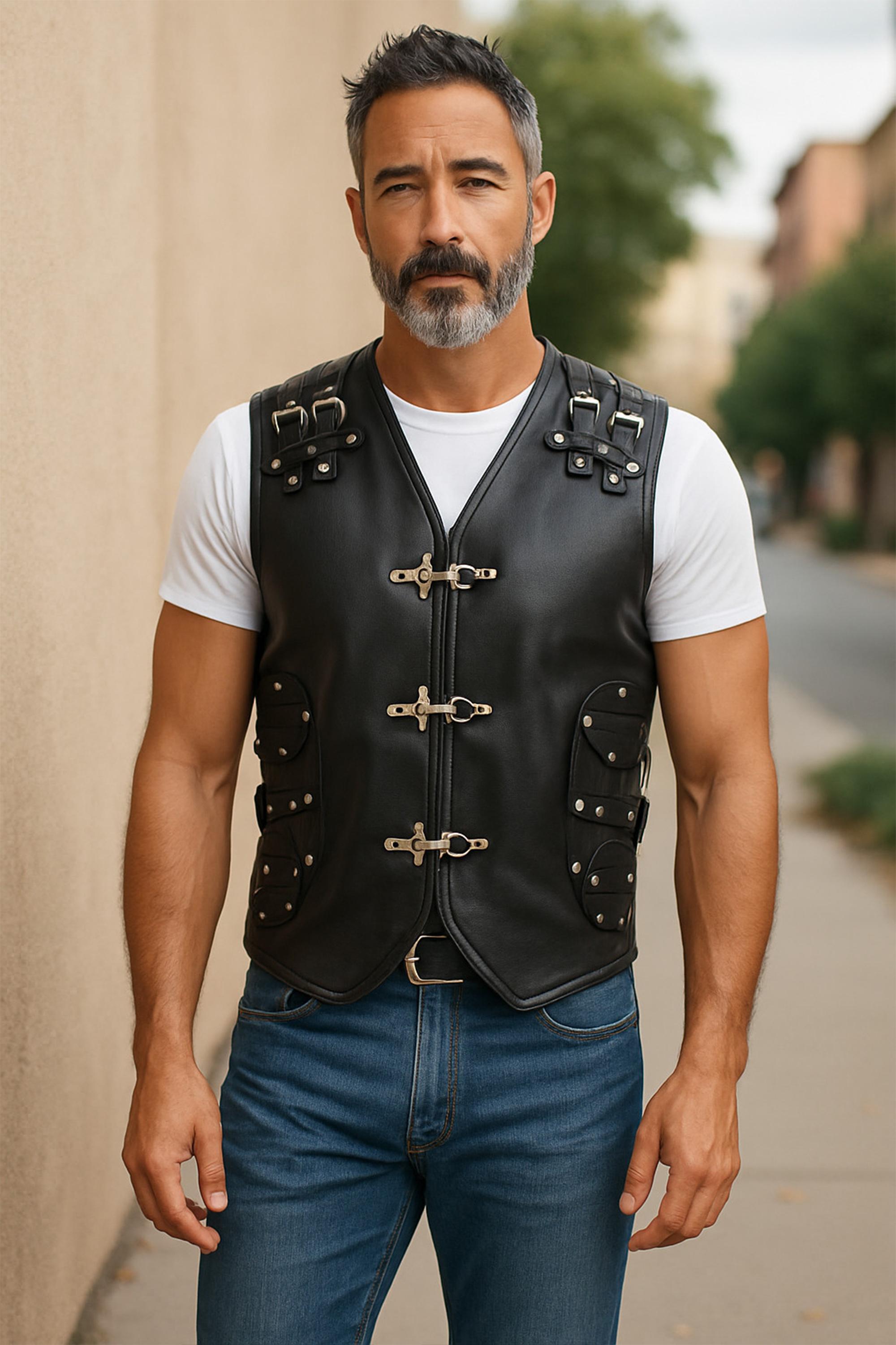 Schwarze Biker-Lederweste für Herren mit Metallschnallen - Pinetown