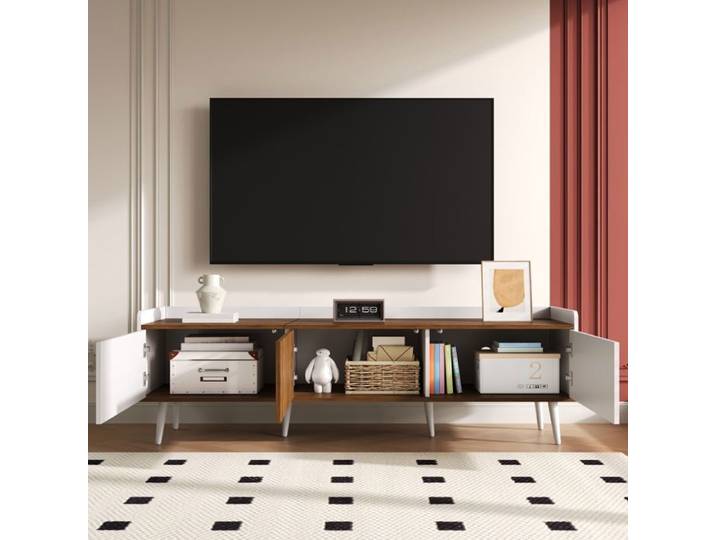 Meuble TV 160 cm Bois et Blanc Banc TV Scandinave 3 Portes avec Grand Rangement – Norevia