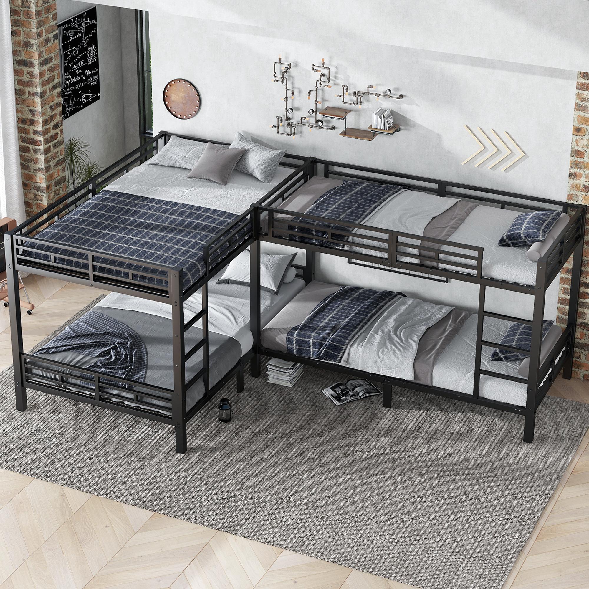 MODFU Etagenbett ohne Matratze 90x200/140x200cm Metallbett Eisenbett mit vier Bett,Bettgestell mit Mehrbettkonfiguration und Lattenrost,Schwarz