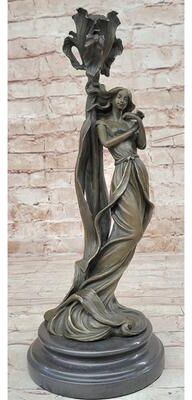 Bronzhaus Art Nouveau Real Bronze Romantic Lady Candle Holder Figurine Signed Milo