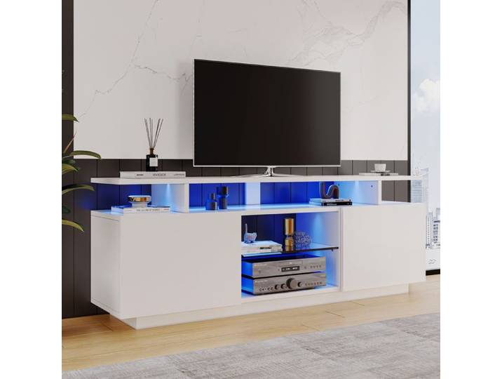 Meuble TV Blanc Moderne à éclairage LED Armoire TV Elégante 2 Porte Brillante Etagère en Verre 140x35x55cm