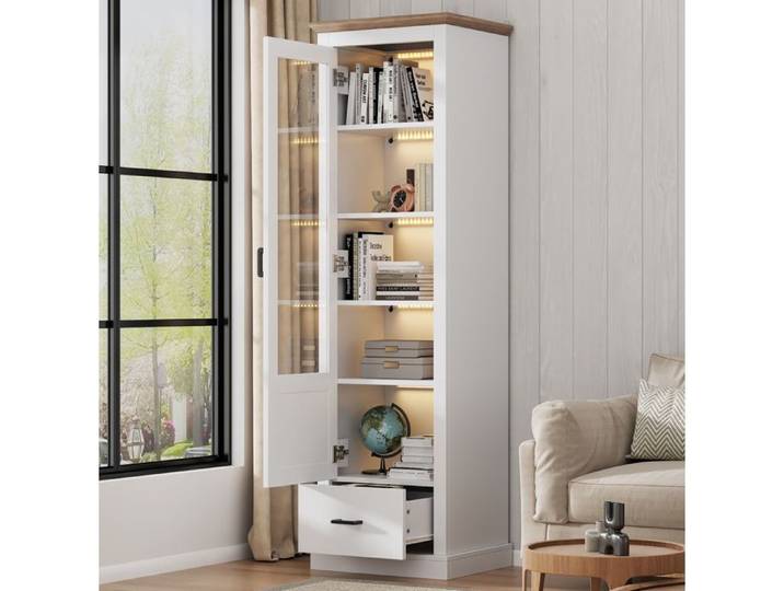Modenuit Vitrine LED 178 cm blanche mate 5 compartiments tiroir verre trempé et USB