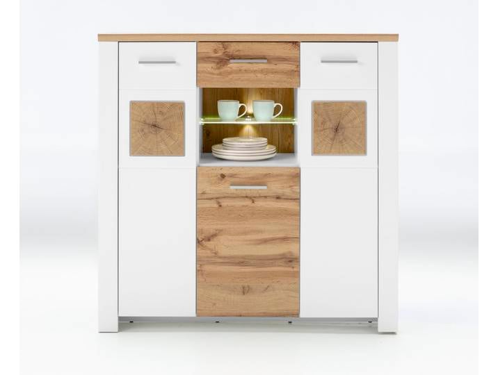 Highboard RAMIRA 122x122 cm Weiß supermatt / Eiche Nachbildung