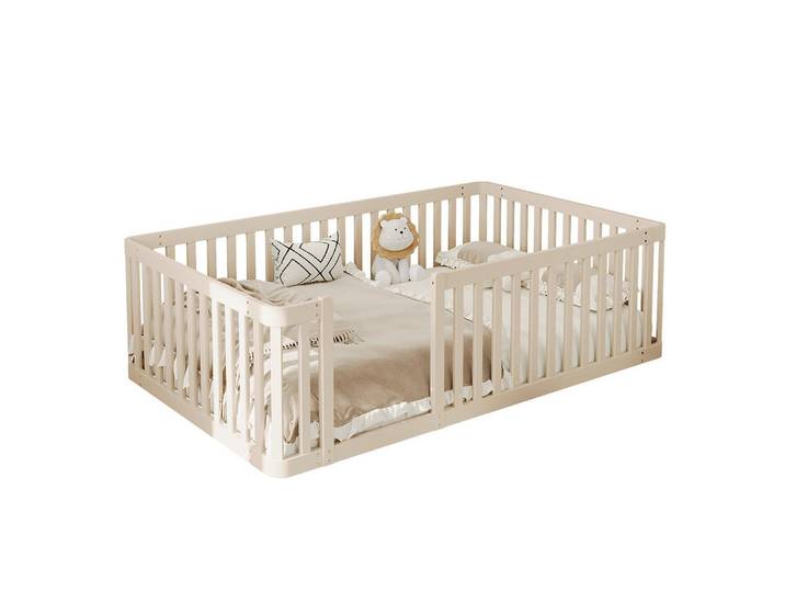 Komhtom Plattformbett 90x200 cm mit Zaun, Cream, Creme, Holz, Mode, 90x200 cm, Schlafzimmer, Betten