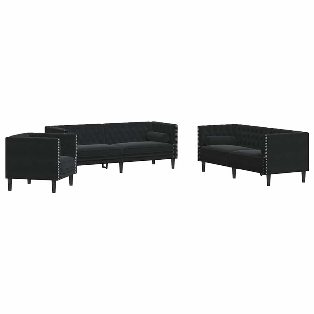 vidaXL Chesterfield 3-delige Loungeset met Bolsters in Zwart Fluweel