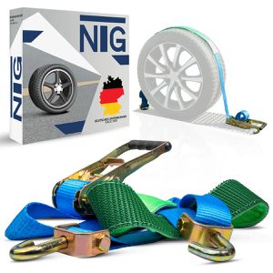 NTG Spanngurt für Autotransporte, mit Wirbelhaken und Ratsche, 5000 kg Zurrkraft, DIN EN 12195-2, 50 mm x 2,5 m, 4 Stück