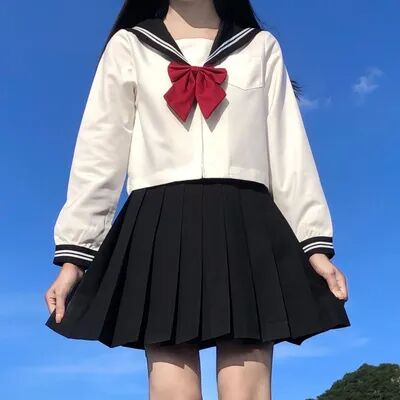 Fusion Finds School Uniform For Women, JK Sailor Suit Costume, Long Sleeve White Shirt Black Skirt Set long Sleeve Skirt A xxxl