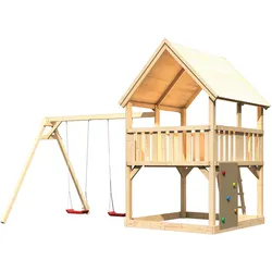 Akubi Kinderspielturm Luis mit Doppelschaukelanbau inkl. Kletterwand naturbelassen
