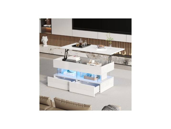 ®TONLRGY Table basse réglable en hauteur 120 x 50 x 46 cm avec rangement dissimulé blanche MDF + verre trempé