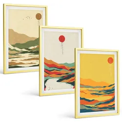 BILDER SET 3er Set - 40x60 cm Goldrahmen - Farbenfrohe Muster der Japandi-Flussberge