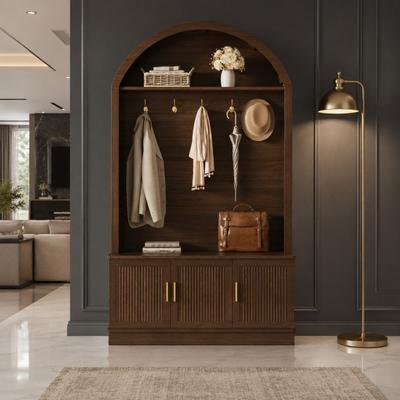 Fundinbaths Farmhouse Hall Tree with Bench, Fabric Arched Top, 5 Metal Hooks, Fluted Door Storage Cabinet, Adjustable Shelves