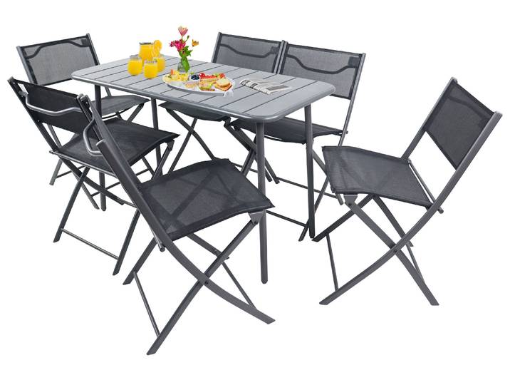 7-delt altan møbelsæt, havebord 110x55 cm med 6 klapstole, metal & tekstil, vejrbestandig, pladsbesparende til altan & terrasse, Sumila