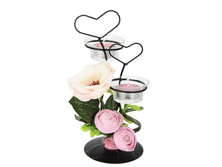 Dekorierter Teelichthalter aus Metall mit Glaseinsatz Teelichtkerze Herz Kunstblumen Kerzenständer Kerzenhalter Tischdeko Kerzen Ostern Muttertag Valentinstag Hochzeit Hochzeitsdeko Windlicht
