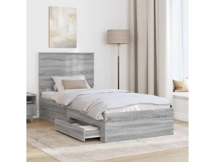 KTHLBRH Bettgestell grau Sonoma 100 x 200 cm Technisches Holz, Schubladen, Lattenrost, einfach zu montieren