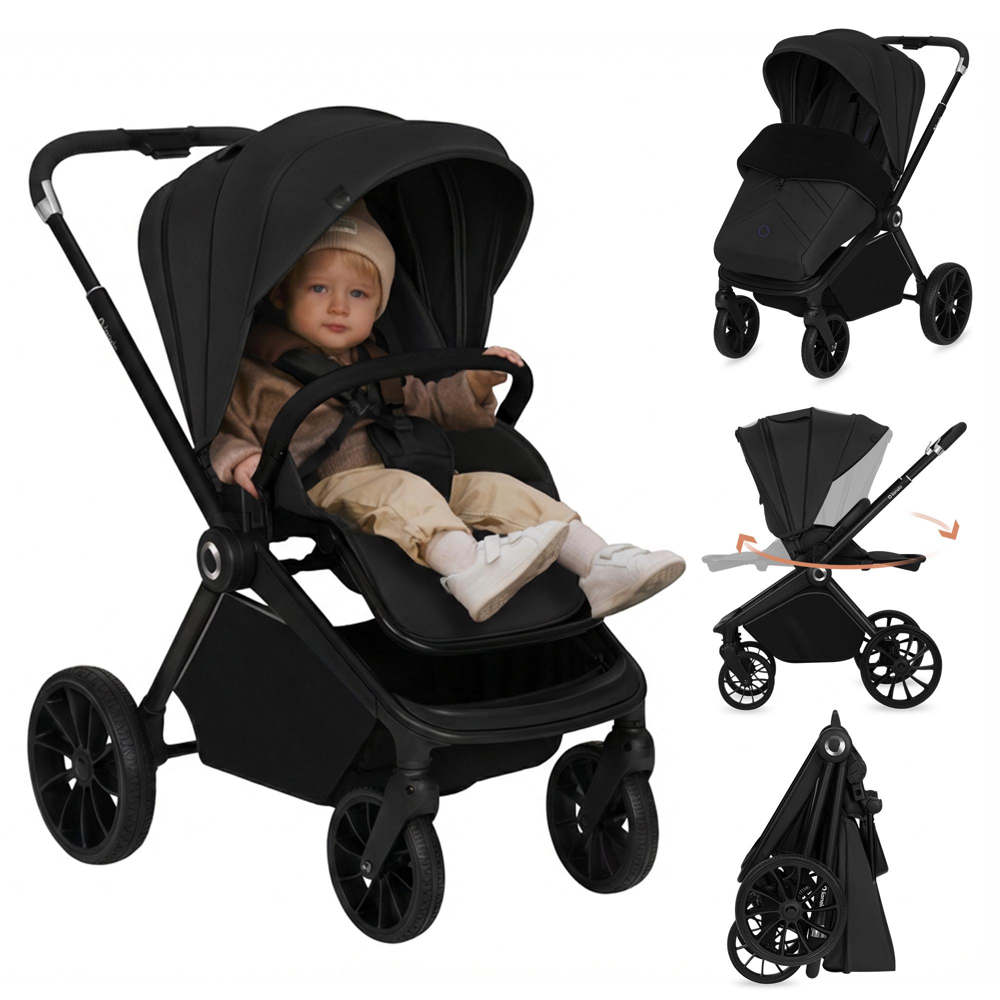 Lionelo Mika Plus Universal-Buggy bis zu 22kg Hohe Manövrierfähigkeit XXL-Verdeck mit UPF50+ Black Onyx
