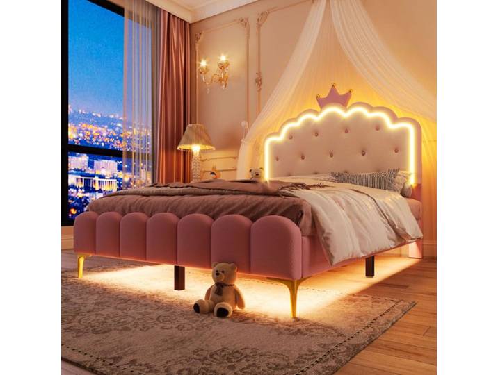 Luscriate - Lit enfant 140x200 cm lit double avec LED design princesse PU pour fille - rose