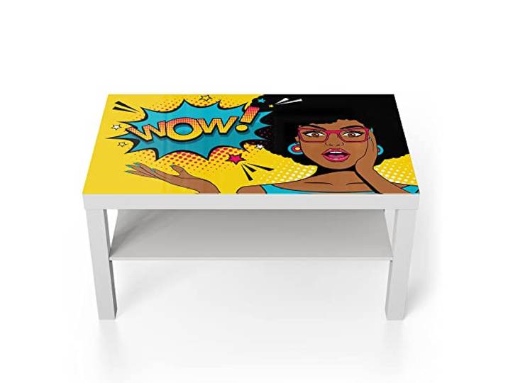 DEQORI Glastisch weiß groß 90x50 cm Motiv Comic-Frau erstaunt: WOW ausgefallener Beistelltisch aus Glas Hochglanz Couchtisch fürs Wohnzimmer moderner Couch Tisch mit Design