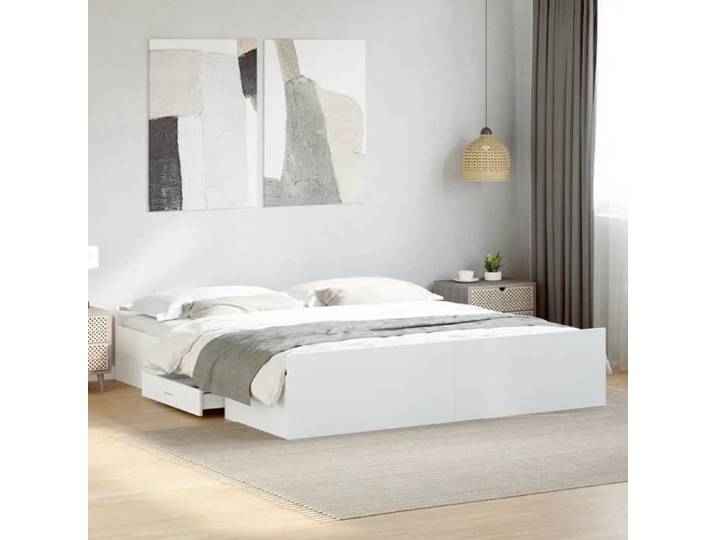 Cadre de lit avec tiroirs - - 180x200 cm - Blanc - Bois d'ingénierie - Tiroirs de rangement