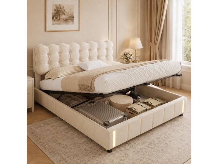 Lit coffre 160x200 cm avec LED à détecteur de mouvement Lit double rembourré avec tête de lit nuage Lit adulte/ado Velours beige