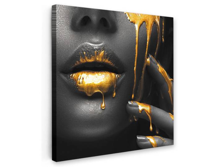 LEINWANDBILD Frau - Schwarz - Gold - Gesicht - Lippen Wandbild Wohnzimmer 50x50 cm