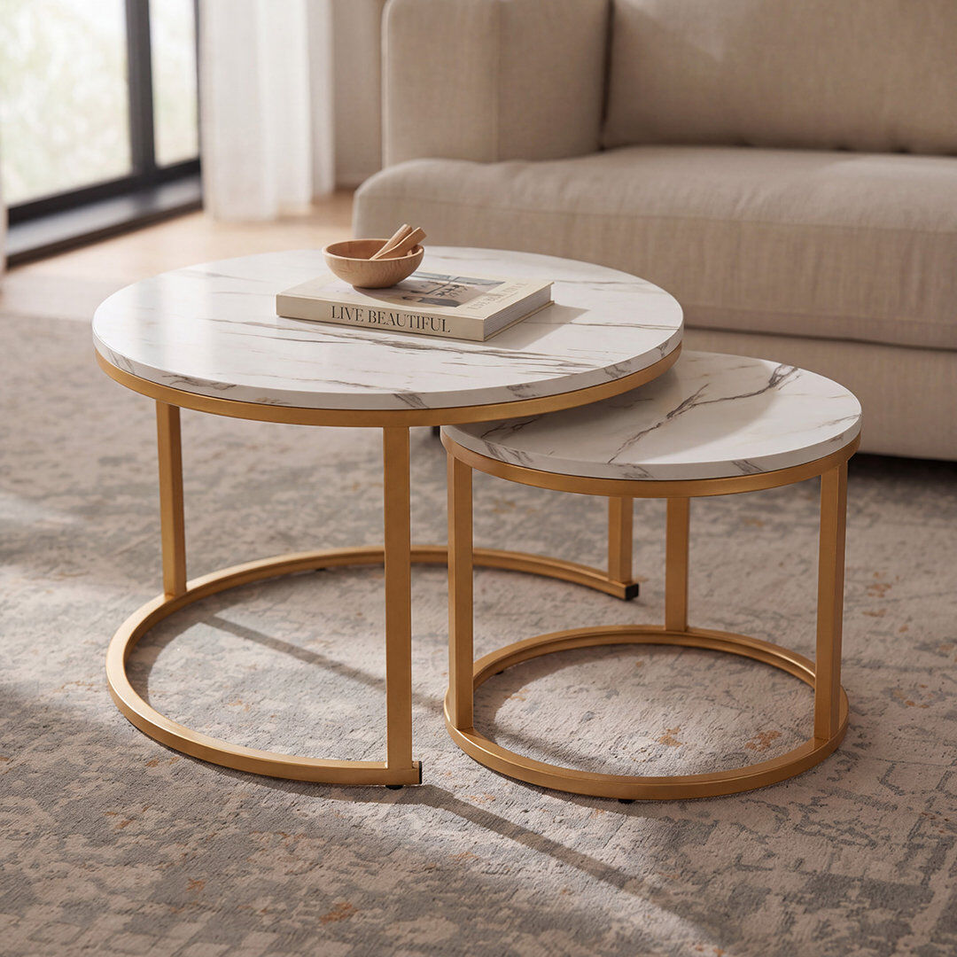 17 Stories Maag Frame 2 Piece Nest Coffee Table Set Marble White/Gold 70