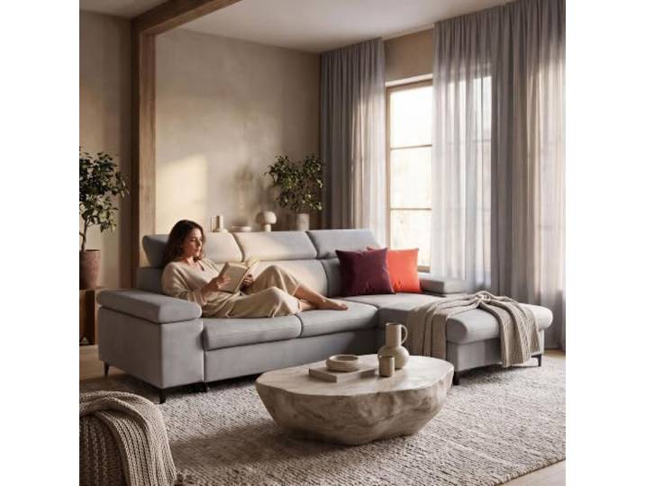 Muffo Ecksofa mit Schlaffunktion und Bettkasten Rechts Hellgrau freistehendes Sofa verstellbare Armlehnen Schlafsofa MAVIC L Stauraum Ecksofa verstellbare Kopfstützen