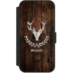 Nivocase Klapphülle für Apple iPhone 12 Handyhülle aus Kunst Leder NIVOflip schwarz Hirsch Holz Holzoptik (Apple iPhone 12), Smartphone Hülle, Schwarz