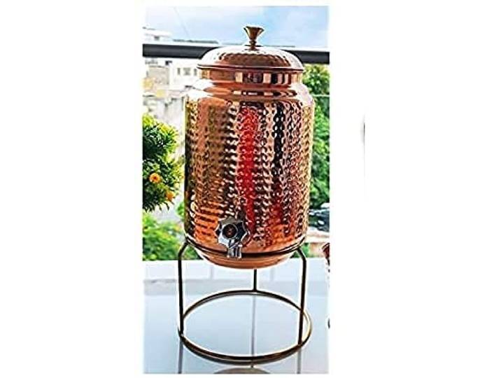 Will & Weaves Wasserspender aus reinem gehämmertem Kupfer mit Zapfhahn – Matka Wasserkrug mit Ständer – 5 Liter