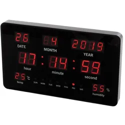 Perel Wanduhr mit LED-Display, digital, Thermometer, Hygrometer, Schwarz, Rot